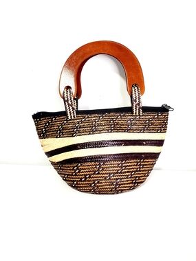 Woven Mini Handbag with Tan Wooden Handles